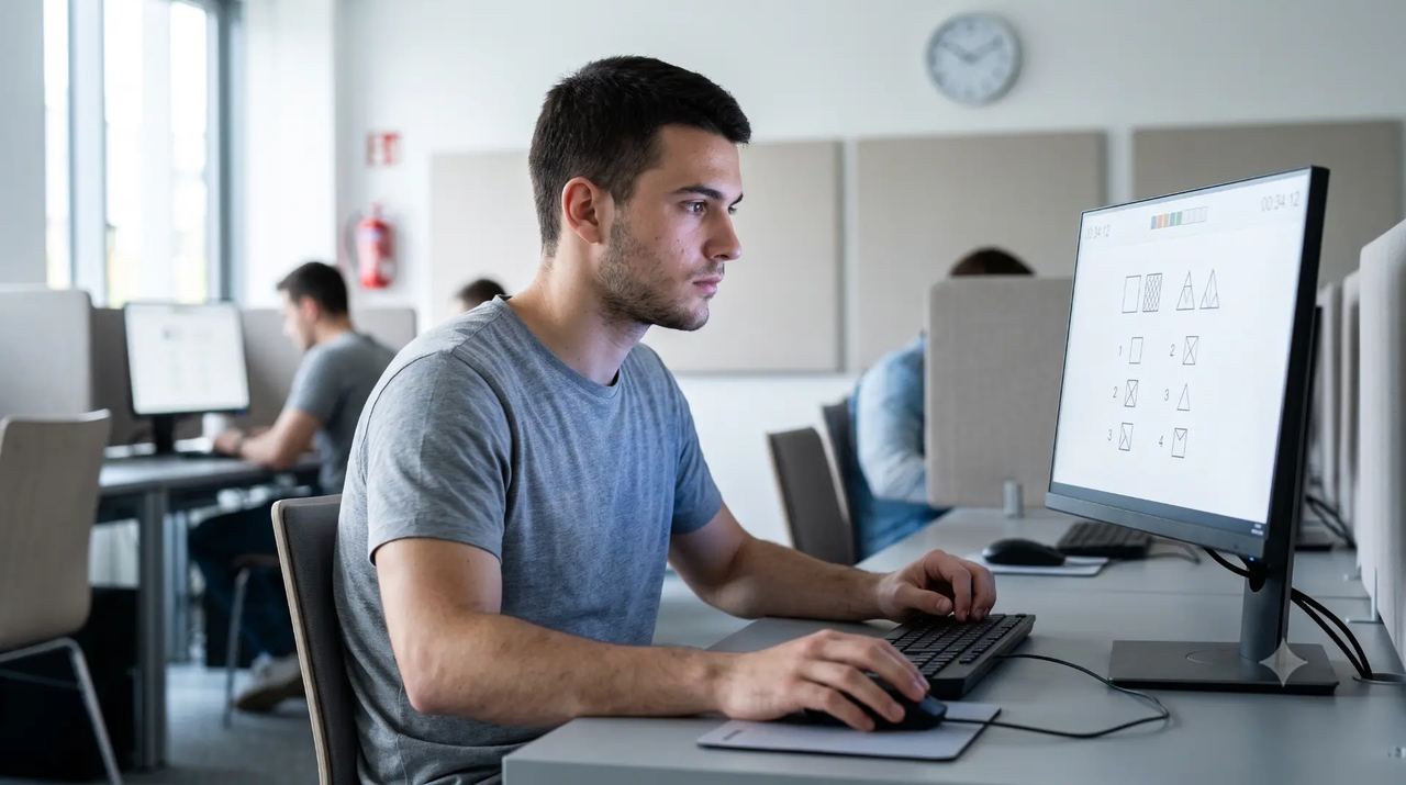 Eine Person bearbeitet geometrische Testaufgaben an einem Computer.