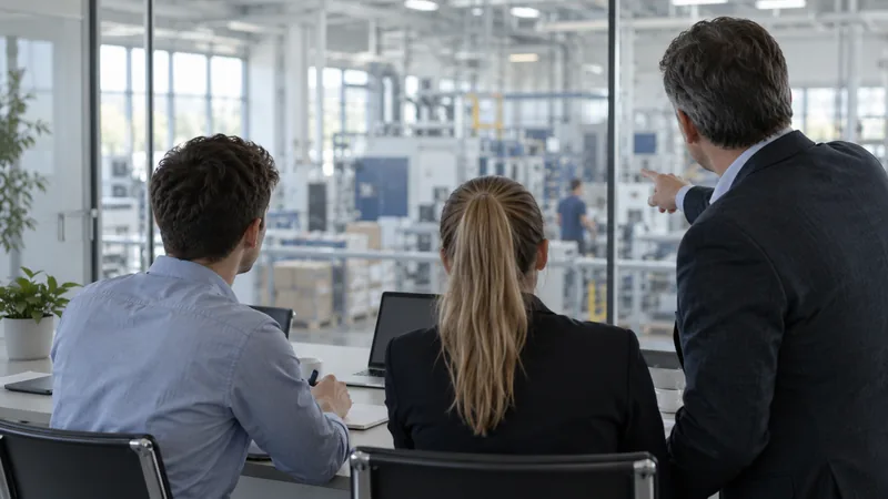 Drei Personen bei einer Besprechung in einem hellen Büro – Titelbild zum Ratgeber Lernplan und Tipps für den Einstellungstest Automobilkaufmann