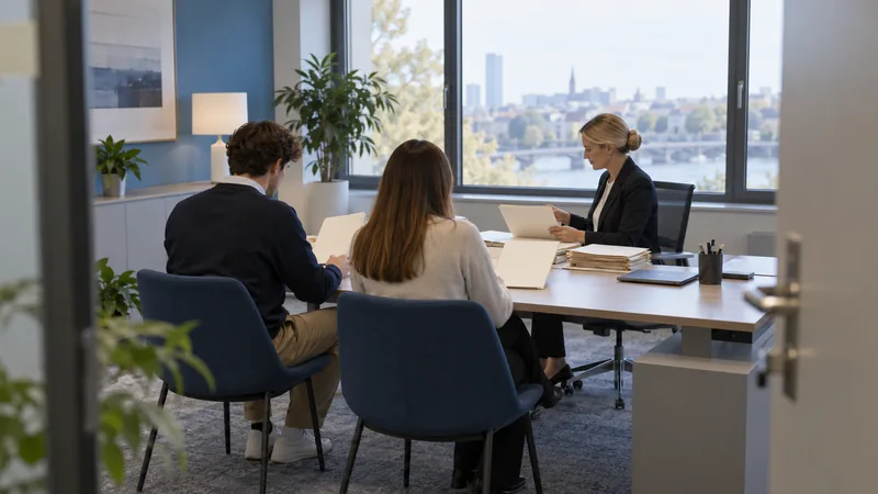 Zwei Personen besprechen Unterlagen mit einer Frau an einem Bürotisch.