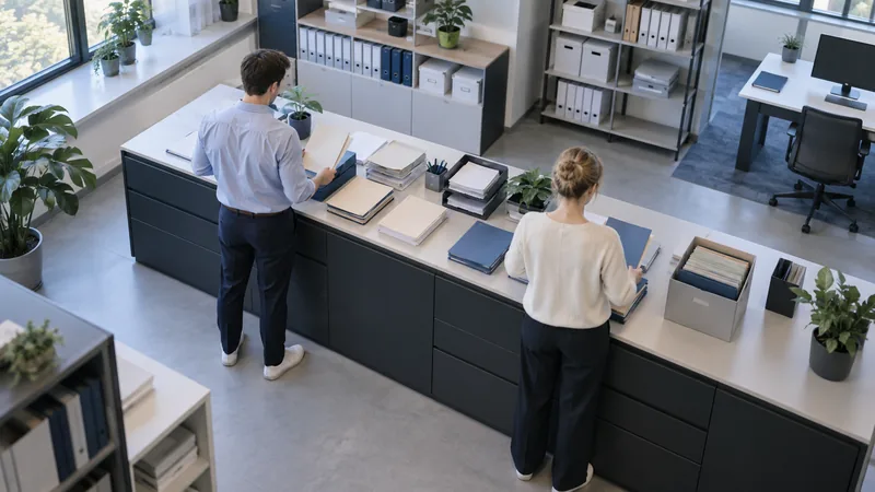Zwei Personen sortieren Unterlagen an einem langen Tisch in einem hellen Büro – Titelbild zum Ratgeber Kaufmann im Gesundheitswesen