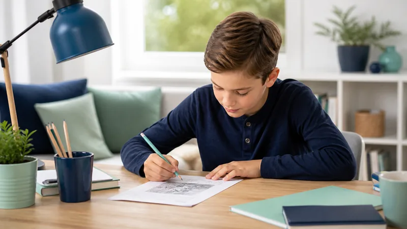 Grundschulkind übt konzentriert Leseverständnis an einem Schreibtisch