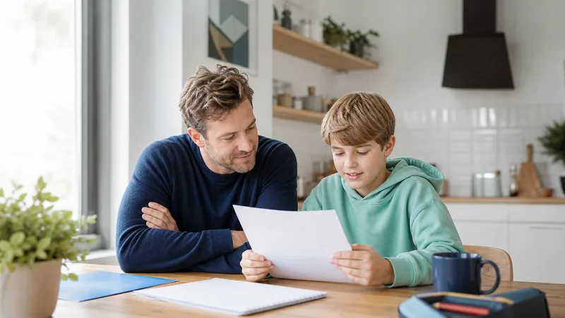 Vater und Grundschulkind besprechen ruhig eine schulische Rückmeldung
