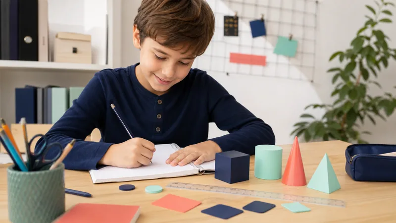 Grundschulkind übt Mathematik mit geometrischen Körpern und Lineal
