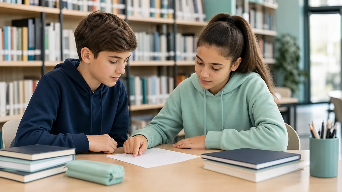 Zwei Schüler üben gemeinsam Deutsch und Englisch in einer Bibliothek