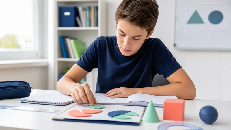 Schüler übt Bruchrechnung und Geometrie für die M7-Aufnahmeprüfung