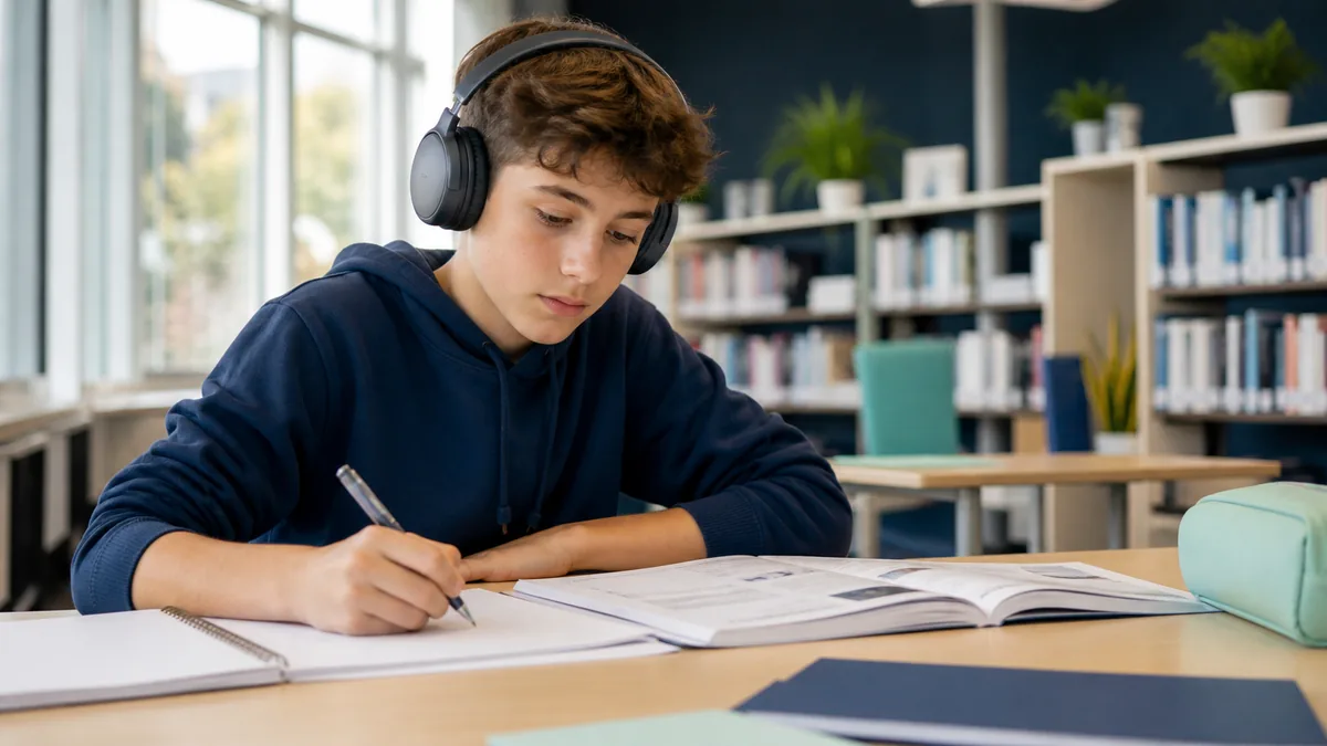 Schüler übt englisches Hörverstehen mit Kopfhörern