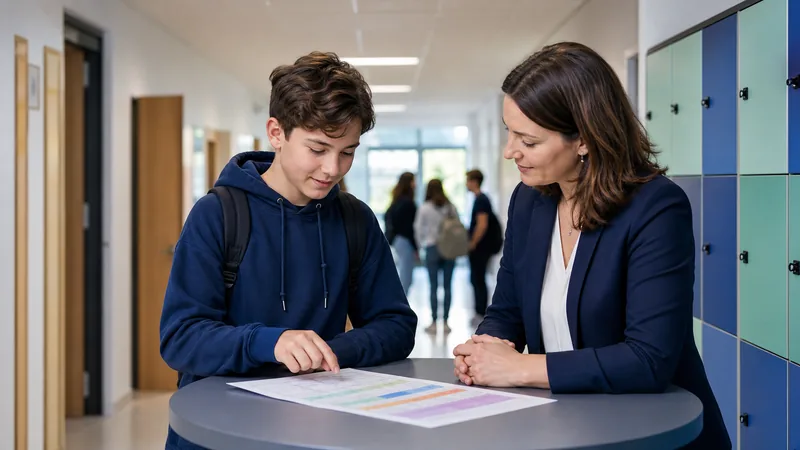 Schüler und Lehrerin besprechen einen Lernplan für die M8