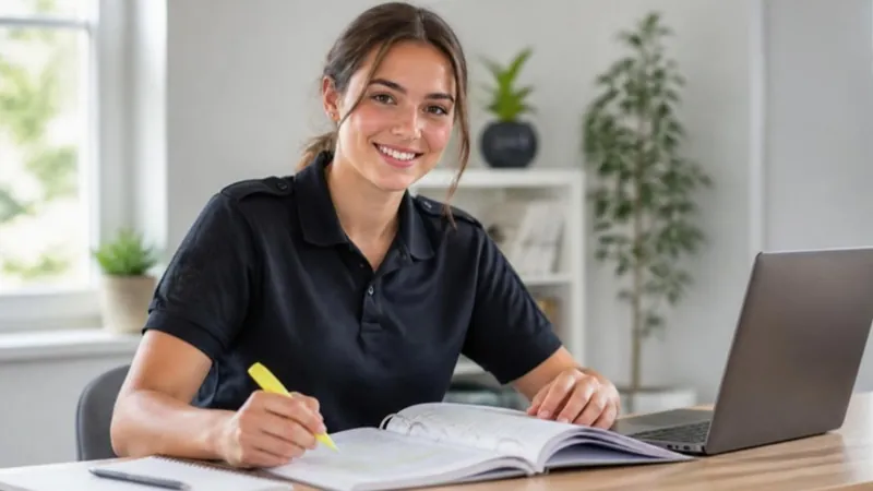 Junge Frau lernt mit Ordner, Textmarker und Laptop für die Sachkundeprüfung – Titelbild zum Ratgeber Prüfungsteile, Sachgebiete, Lernplan