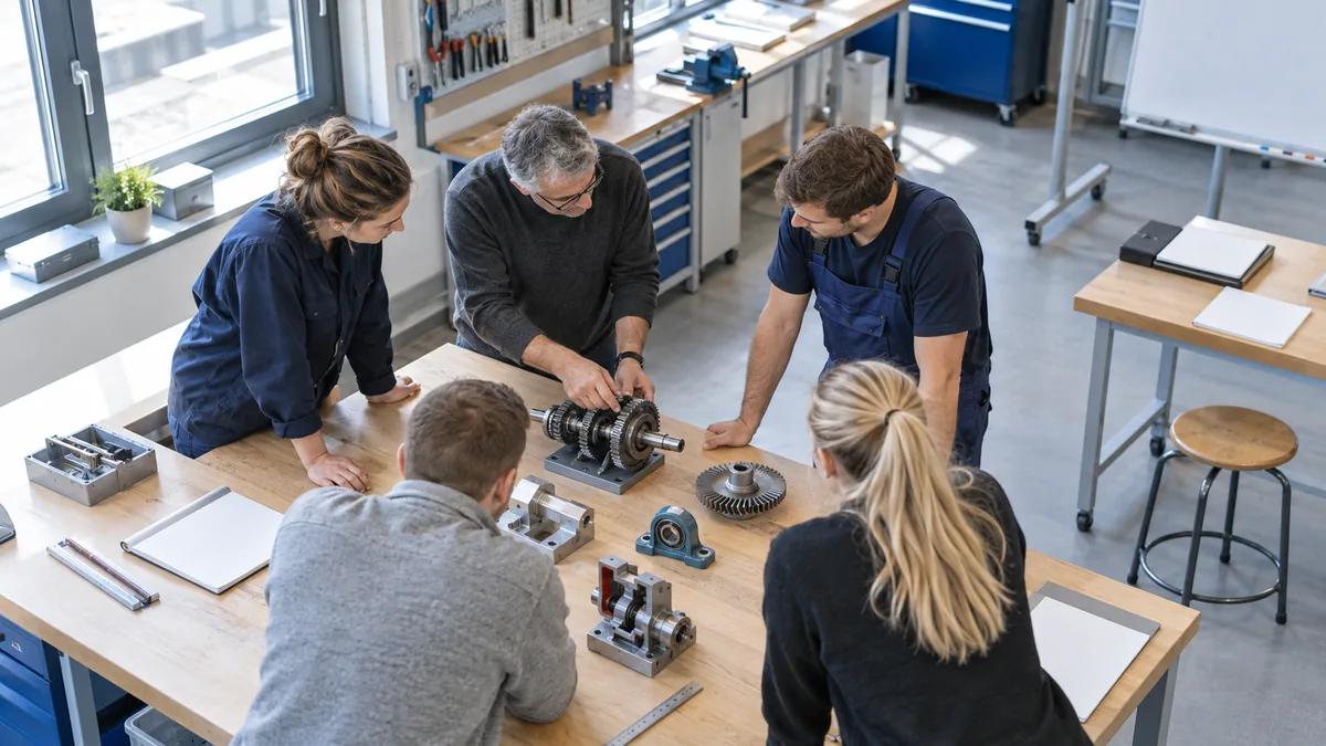 Eine Gruppe betrachtet mechanische Bauteile an einem Werkstatttisch.