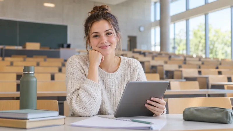 Studentin mit Tablet in einem hellen Hörsaal – Titelbild zum Ratgeber TMS und TMSnat im Vergleich