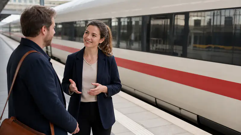 Zwei Personen im Gespräch auf einem Bahnsteig neben einem Zug – Titelbild zum Ratgeber Ausbildung Mobilität und Verkehrsservice