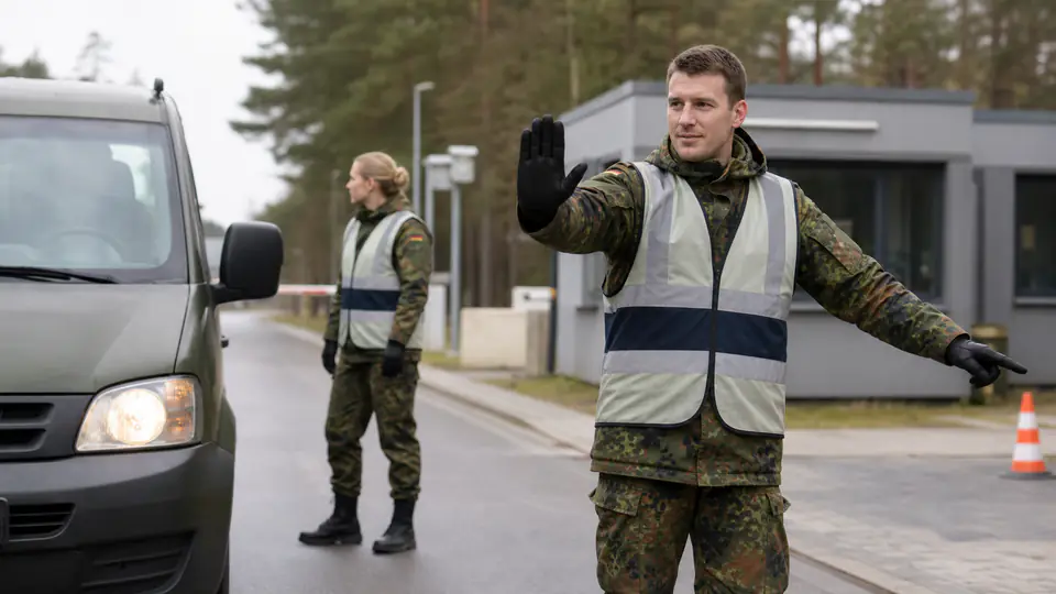 Feldjäger-Anwärter üben die sichere Verkehrsregelung an einem Kontrollpunkt