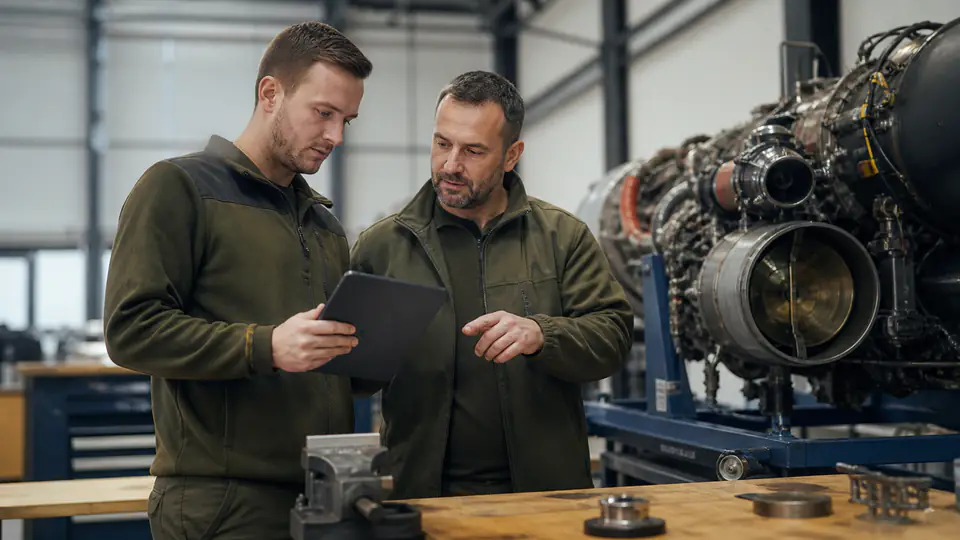 Ingenieur und Mentor prüfen technische Ausrüstung in einer Werkhalle