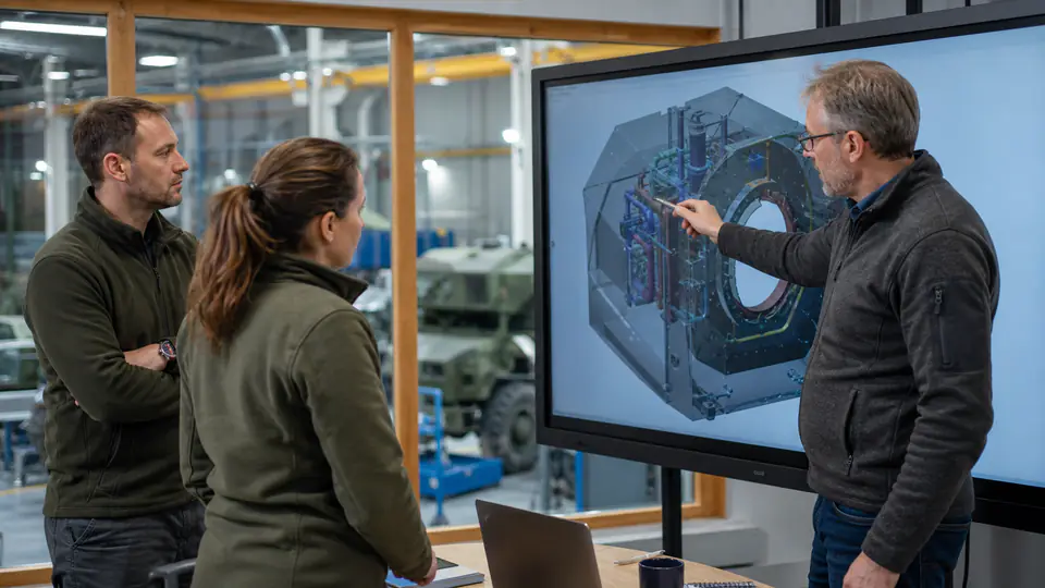 Technisches Projektteam analysiert ein dreidimensionales Konstruktionsmodell