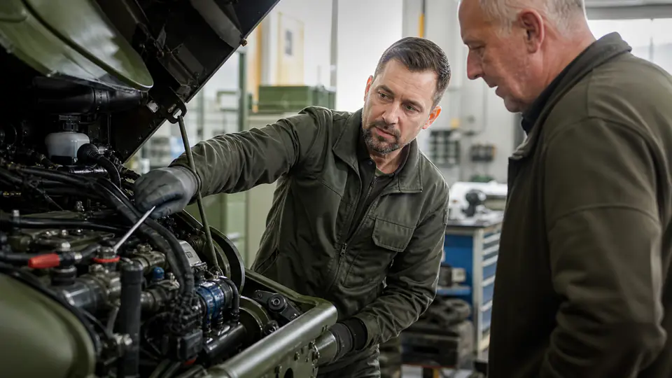 Technische Fachkräfte prüfen einen Motor in einer Bundeswehr-Werkstatt
