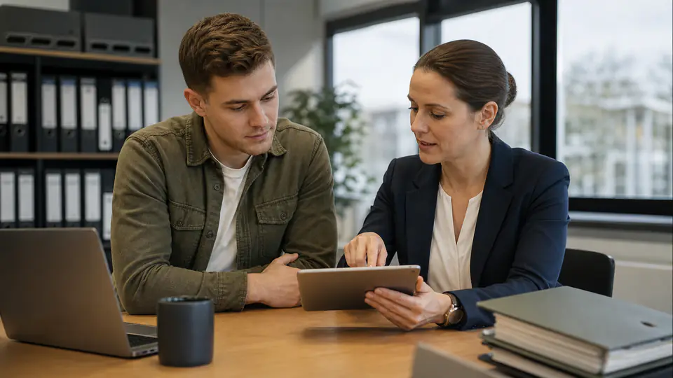Student und Mentorin besprechen einen Verwaltungsprozess am Tablet