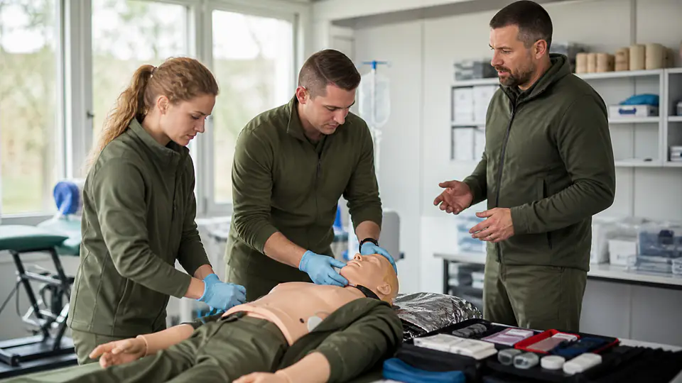 Bewerber im Sanitätsdienst üben eine medizinische Erstversorgung