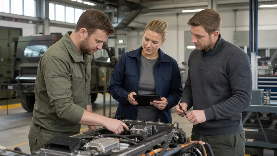 Technisches Team untersucht eine Baugruppe in einer Werkhalle