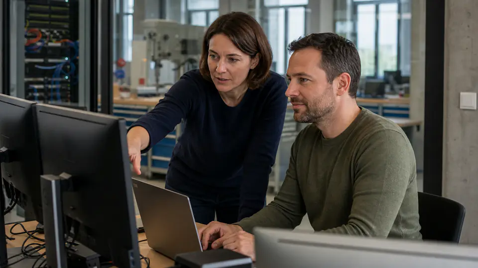 Zivile Beschäftigte arbeiten an einem technischen Projekt der Bundeswehr