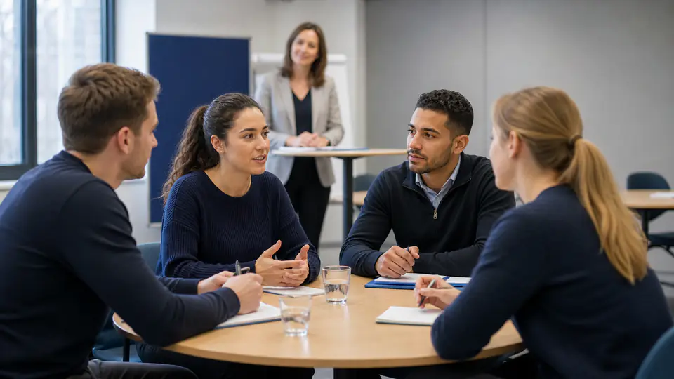 Bewerber diskutieren gemeinsam eine Aufgabe im Polizei-Assessment-Center