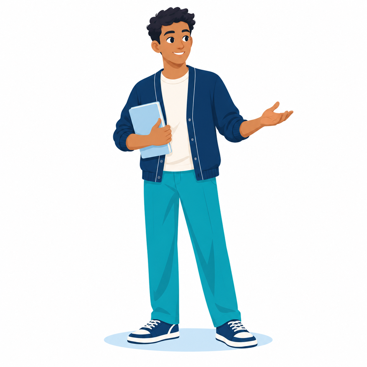 Illustration eines jungen Mannes mit Lernheft und einladender Handbewegung