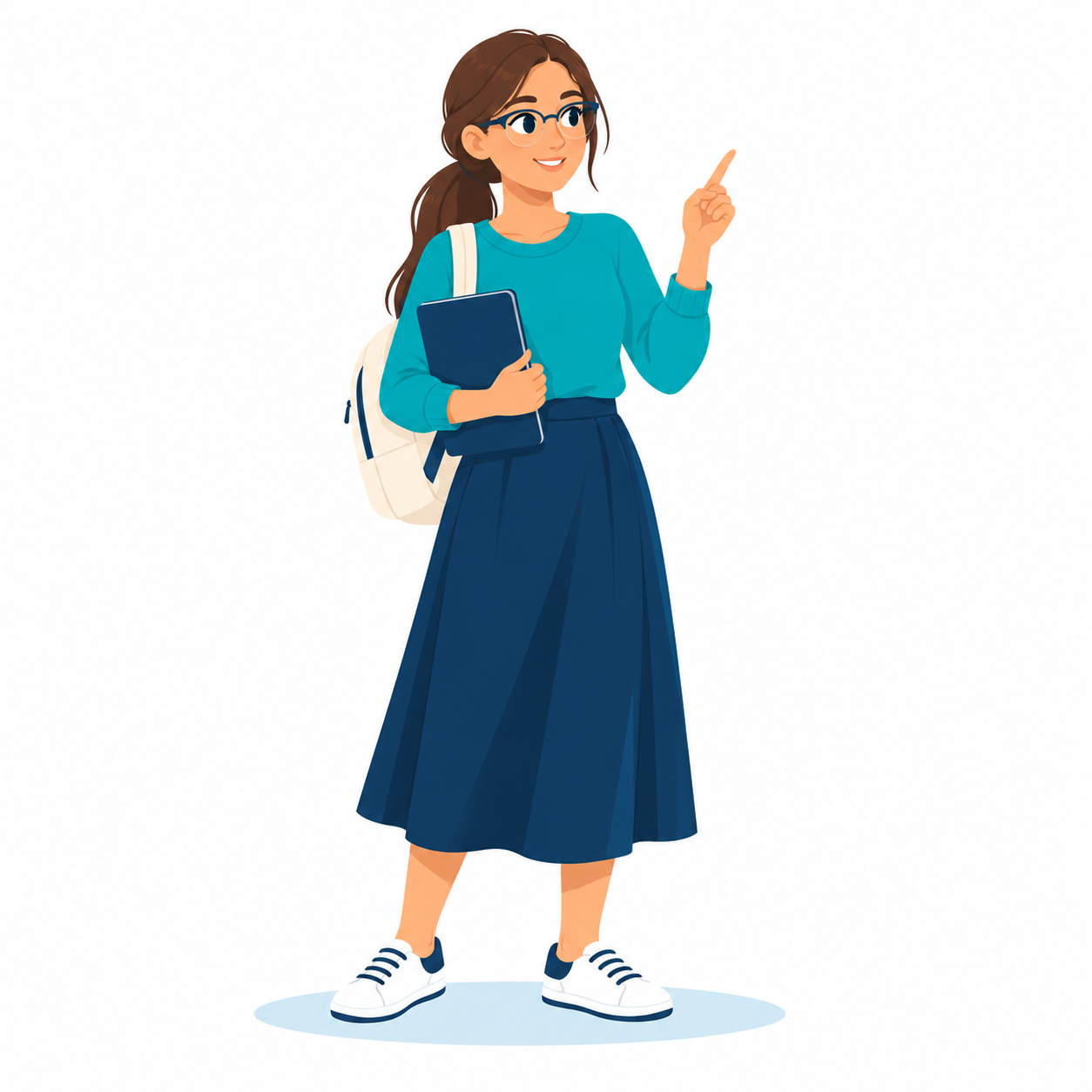 Illustration einer jungen Frau mit Laptop, die auf eine Lernidee hinweist