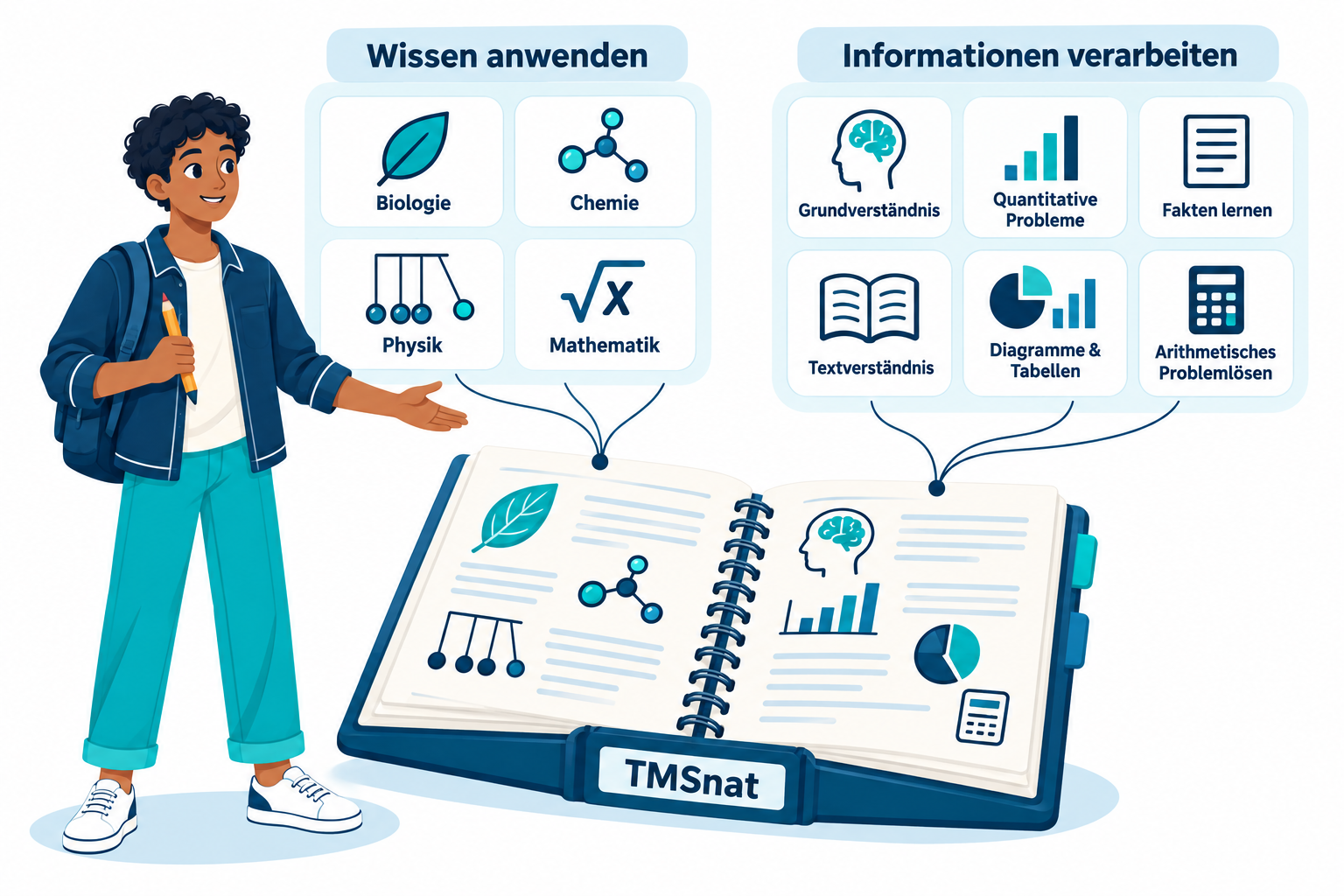 Ein junger Mann präsentiert ein offenes Lernbuch, verbunden mit vier naturwissenschaftlichen Fächern und sechs Aufgabenarten der Informationsverarbeitung.