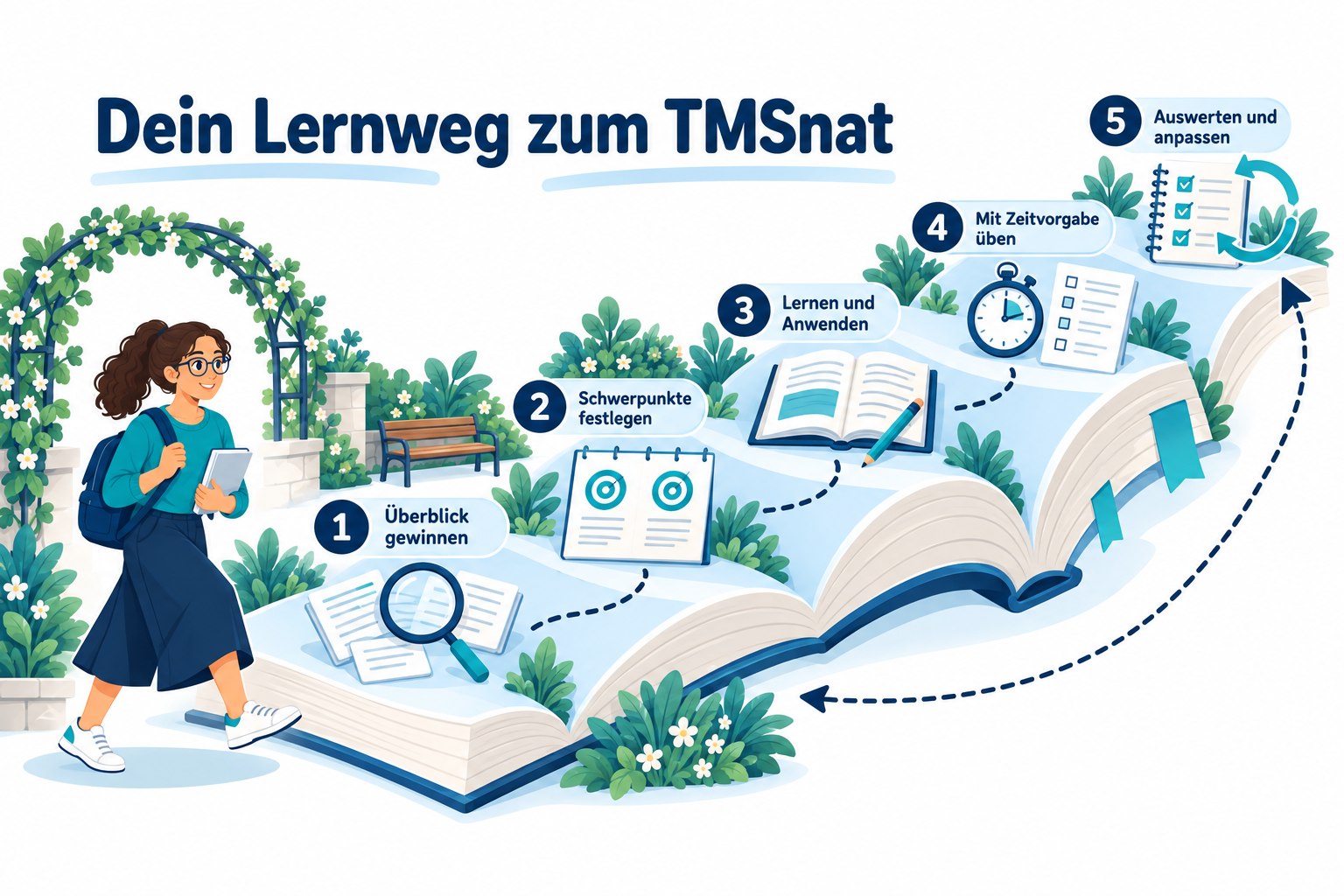 Eine Lernende betritt einen Buchgarten mit fünf Stationen: Überblick, Schwerpunkte, Lernen und Anwenden, Üben mit Zeitvorgabe, Auswerten und Anpassen. Ein Pfeil zeigt die Wiederholung des Lernzyklus.